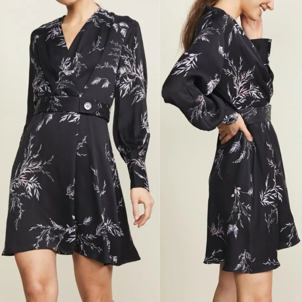 Equipment Femme Fanetta Black Floral Silk Mini Wrap Dress, Sz 8